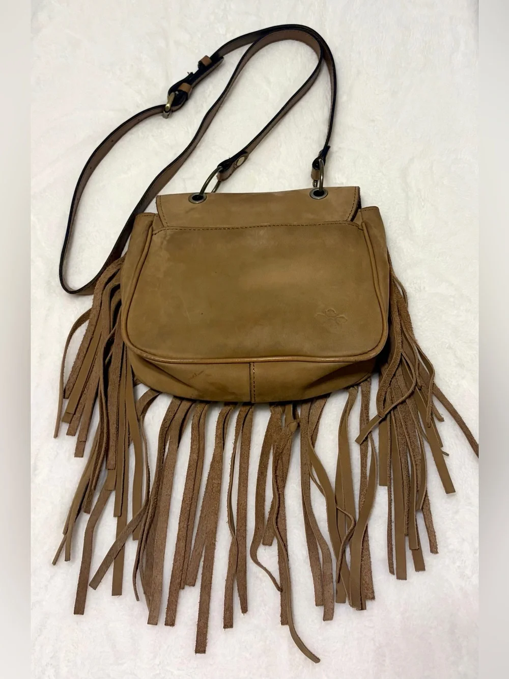 Patricia Nash Karisa Tan Leather Fringe Crossbody Saddle Bag Purse Boho